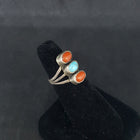 size 5 Vintage Navajo 3 stones Kingman turquoise red coral sterling silver ring