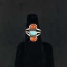 size 5 Vintage Navajo 3 stones Kingman turquoise red coral sterling silver ring