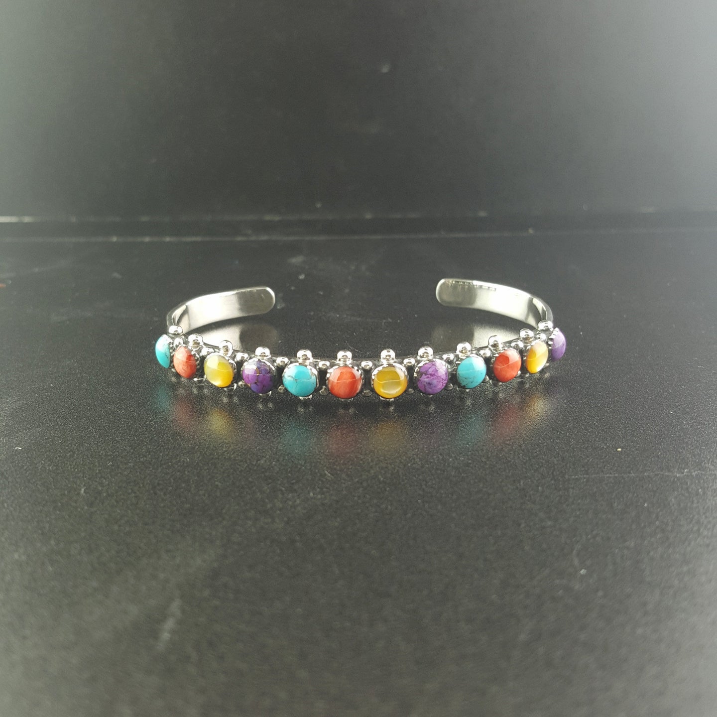 Southwest Turquoise Spiny oyster Mother of Pearl  Multi-stones multi-colored sterling silver Cuff bracelet