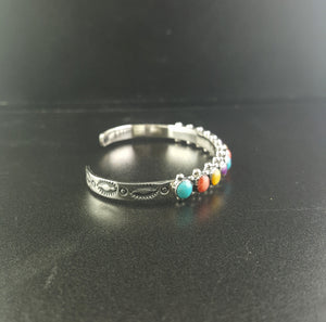 Southwest Turquoise Spiny oyster Mother of Pearl  Multi-stones multi-colored sterling silver Cuff bracelet