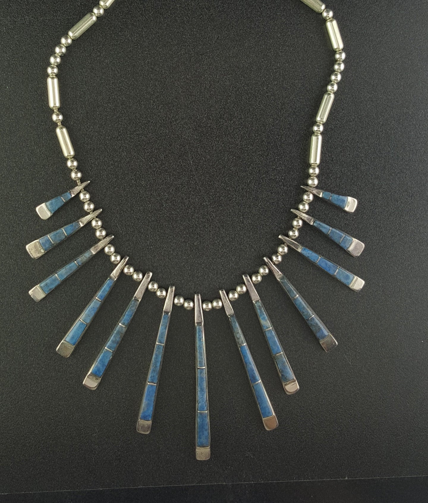 16 inches Inlay Lapis needlepoint sterling silver bead necklace - vintage
