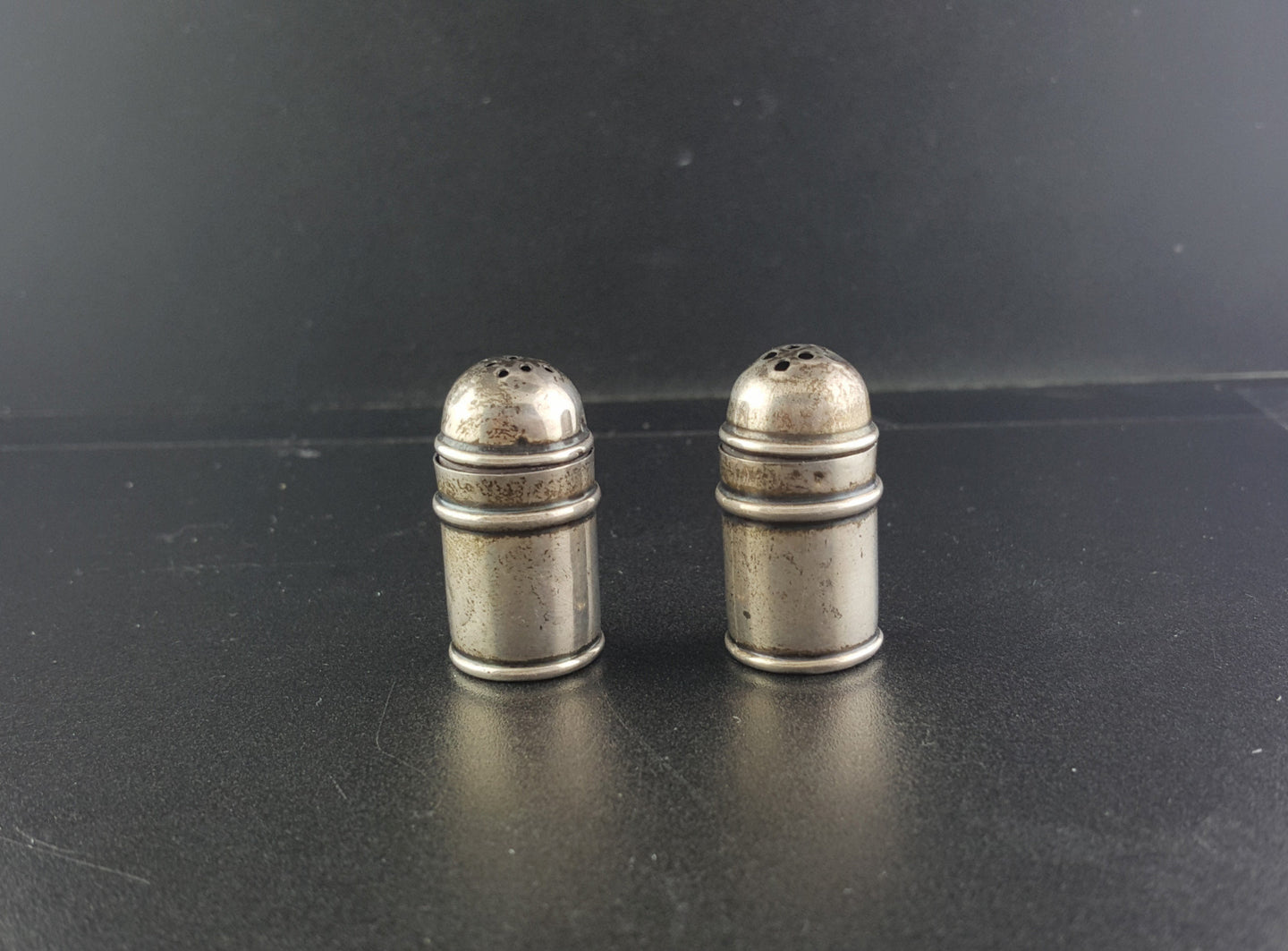 SMALL antique bottle salt and pepper sterling silver shaker set - vintage