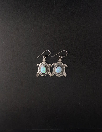 Blue fire opal Sterling Silver sea turtle dangle earrings