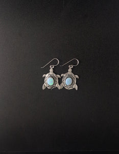 Blue fire opal Sterling Silver sea turtle dangle earrings