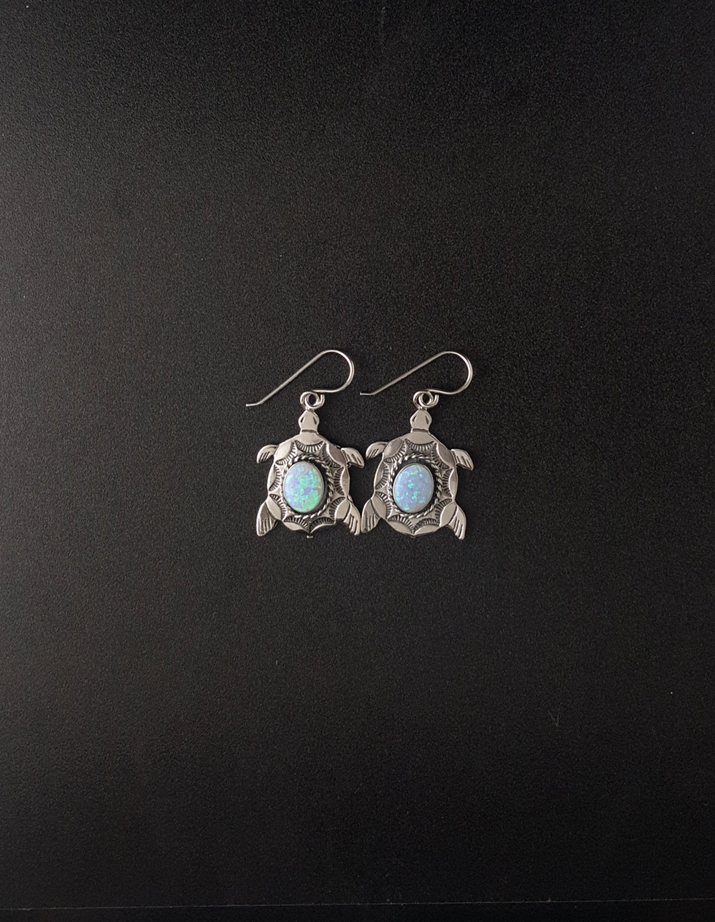 Blue fire opal Sterling Silver sea turtle dangle earrings