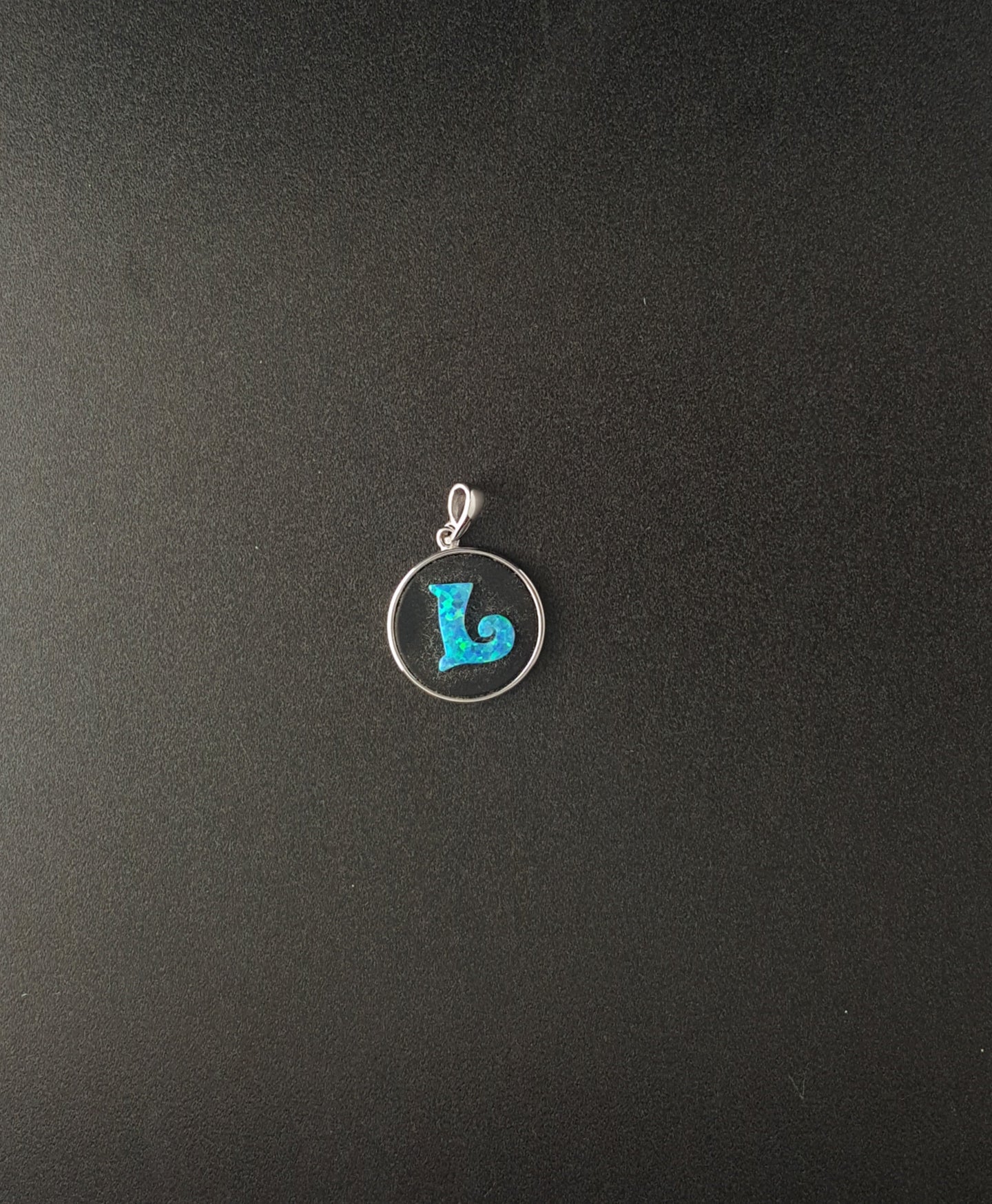 Letter name L Blue Fire Opal Round sterling silver pendant - personalized jewelry