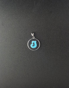 Letter name J Blue Fire Opal Round sterling silver pendant - personalized jewelry
