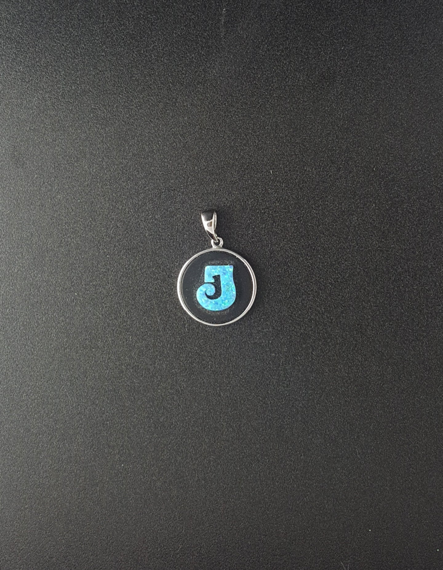 Letter name J Blue Fire Opal Round sterling silver pendant - personalized jewelry
