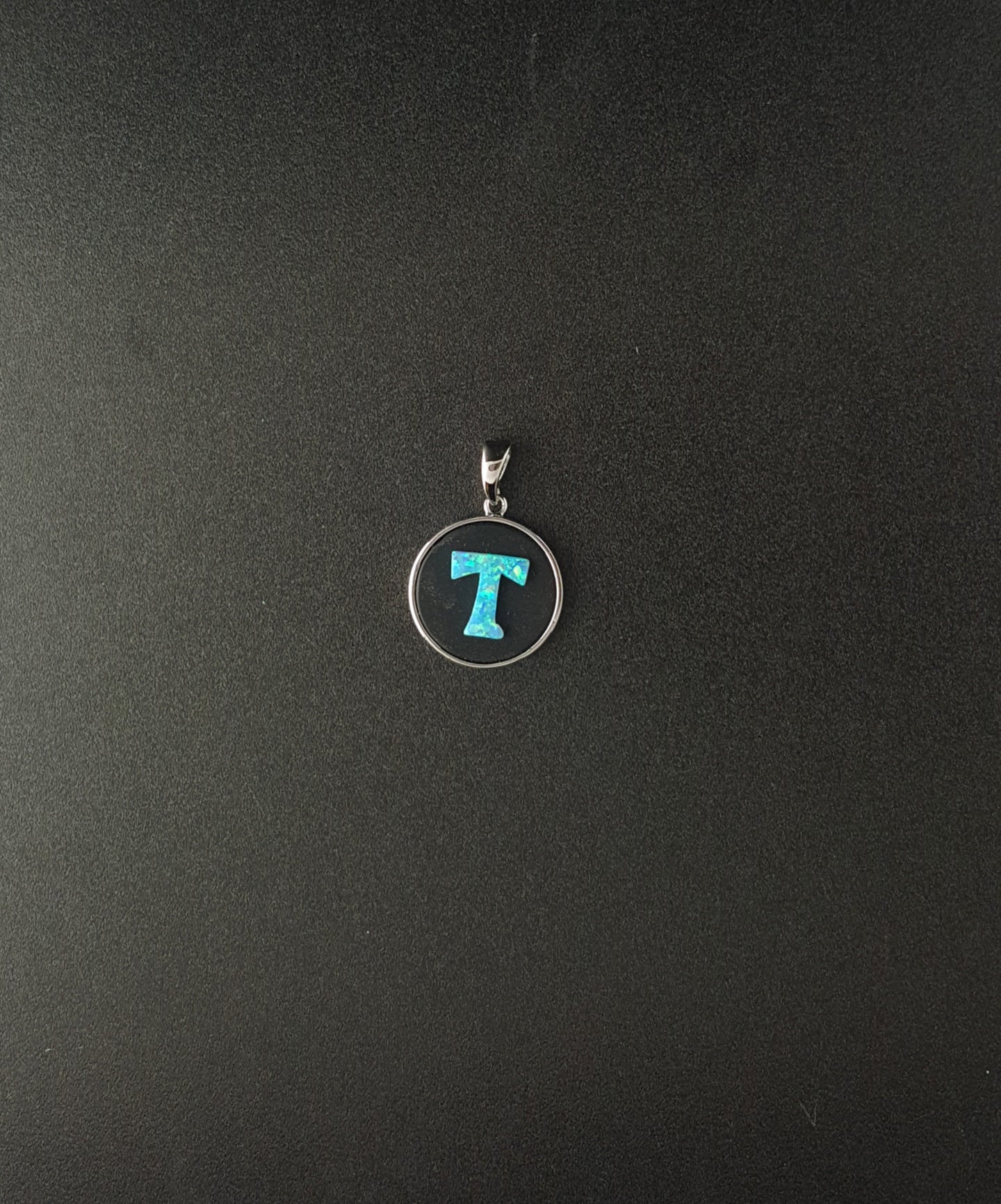Letter name T Blue Fire Opal Round sterling silver pendant - personalized jewelry