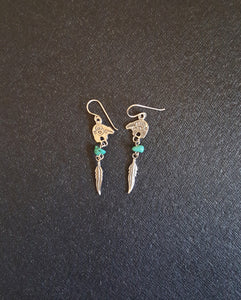Navajo Bear Bear Paw Feather Kingman Turquoise sterling silver dangle earrings