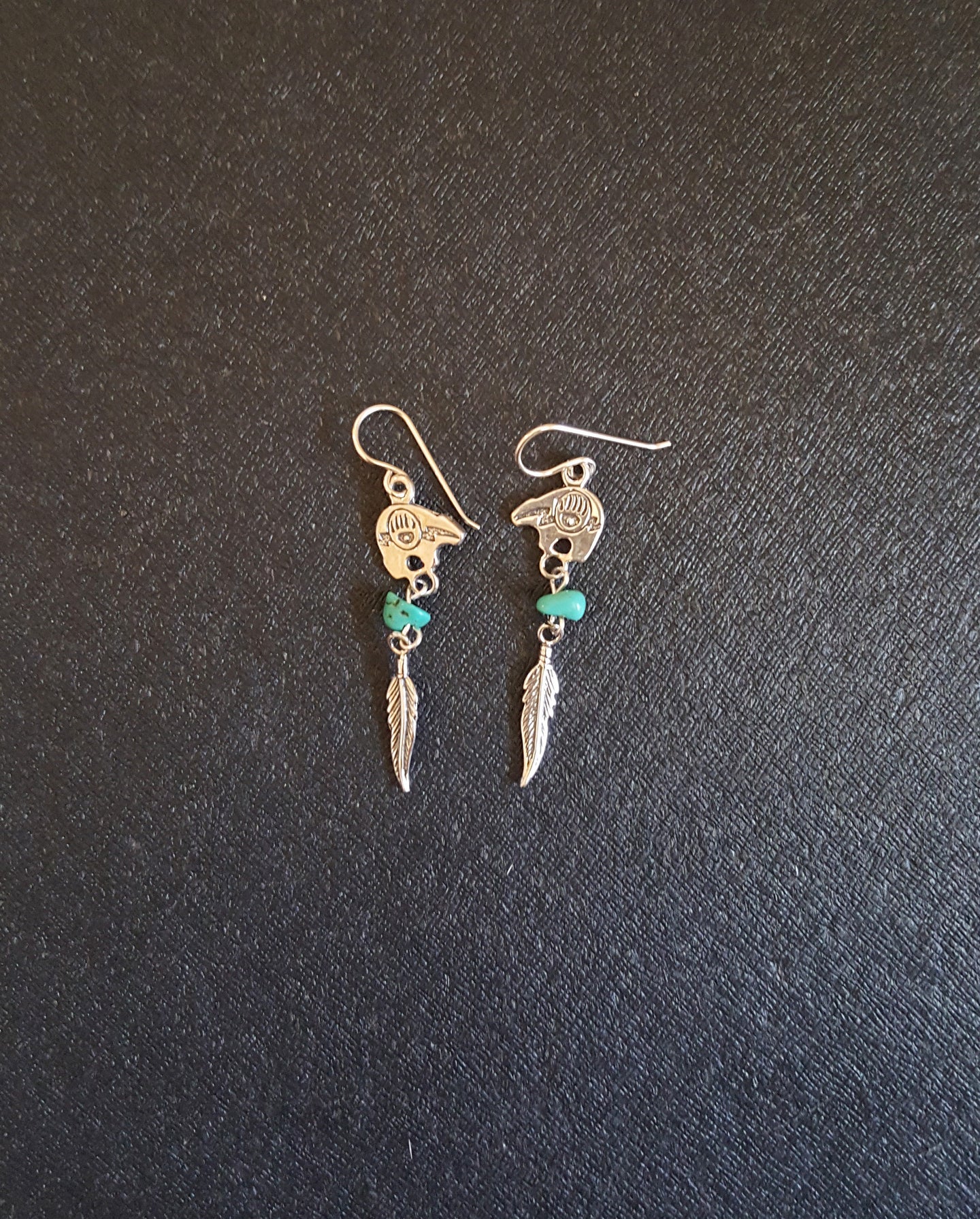 Navajo Bear Bear Paw Feather Kingman Turquoise sterling silver dangle earrings