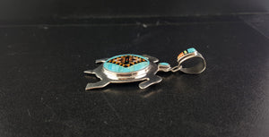 Southwest Turtle Micro Inlay turquoise white opal black onyx orange spiny oyster sterling silver pendant