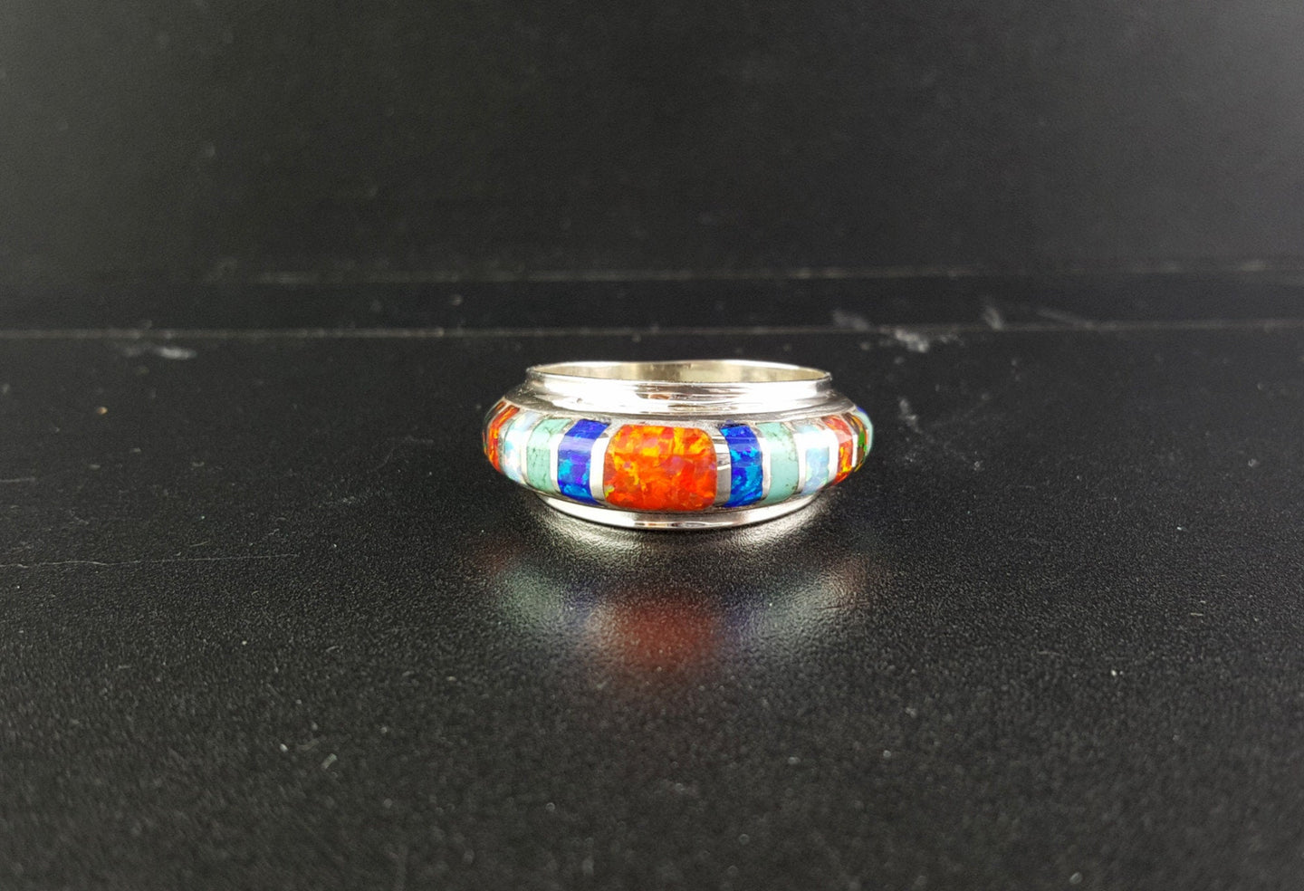 size 11 3/4 Inlay Orange fire opal blue Fire opal white fire opal green fire opal sterling silver ring