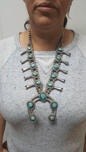 Vintage Navajo Kingman turquoise squash blossom Sterling silver necklace