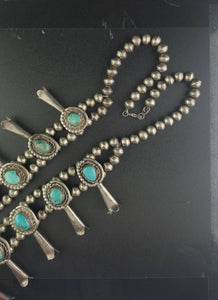 Vintage Navajo Kingman turquoise squash blossom Sterling silver necklace