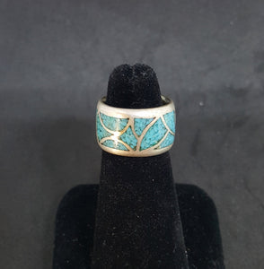 size 6 1/4 VINTAGE Micro Chip Inlay  Turquoise sterling silver ring