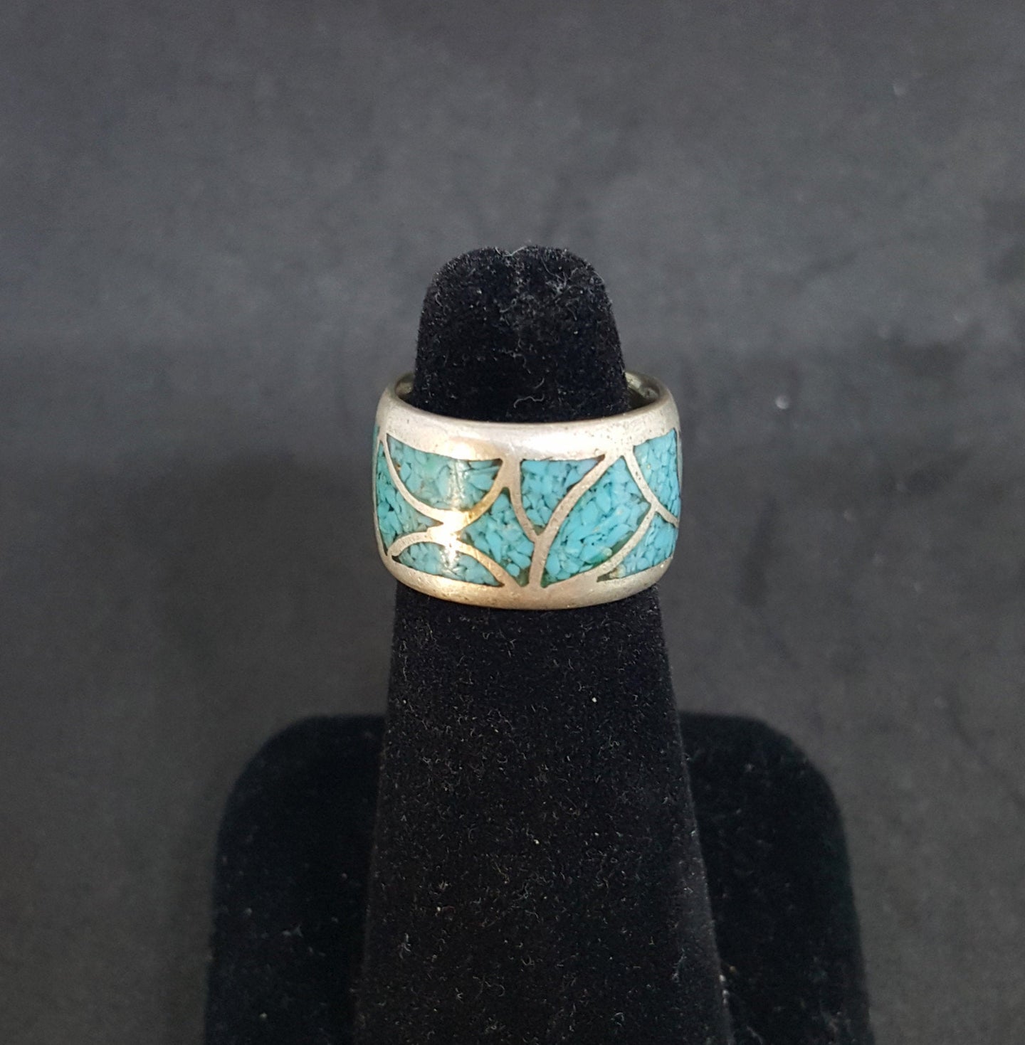 size 6 1/4 VINTAGE Micro Chip Inlay  Turquoise sterling silver ring