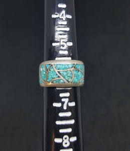 size 6 1/4 VINTAGE Micro Chip Inlay  Turquoise sterling silver ring