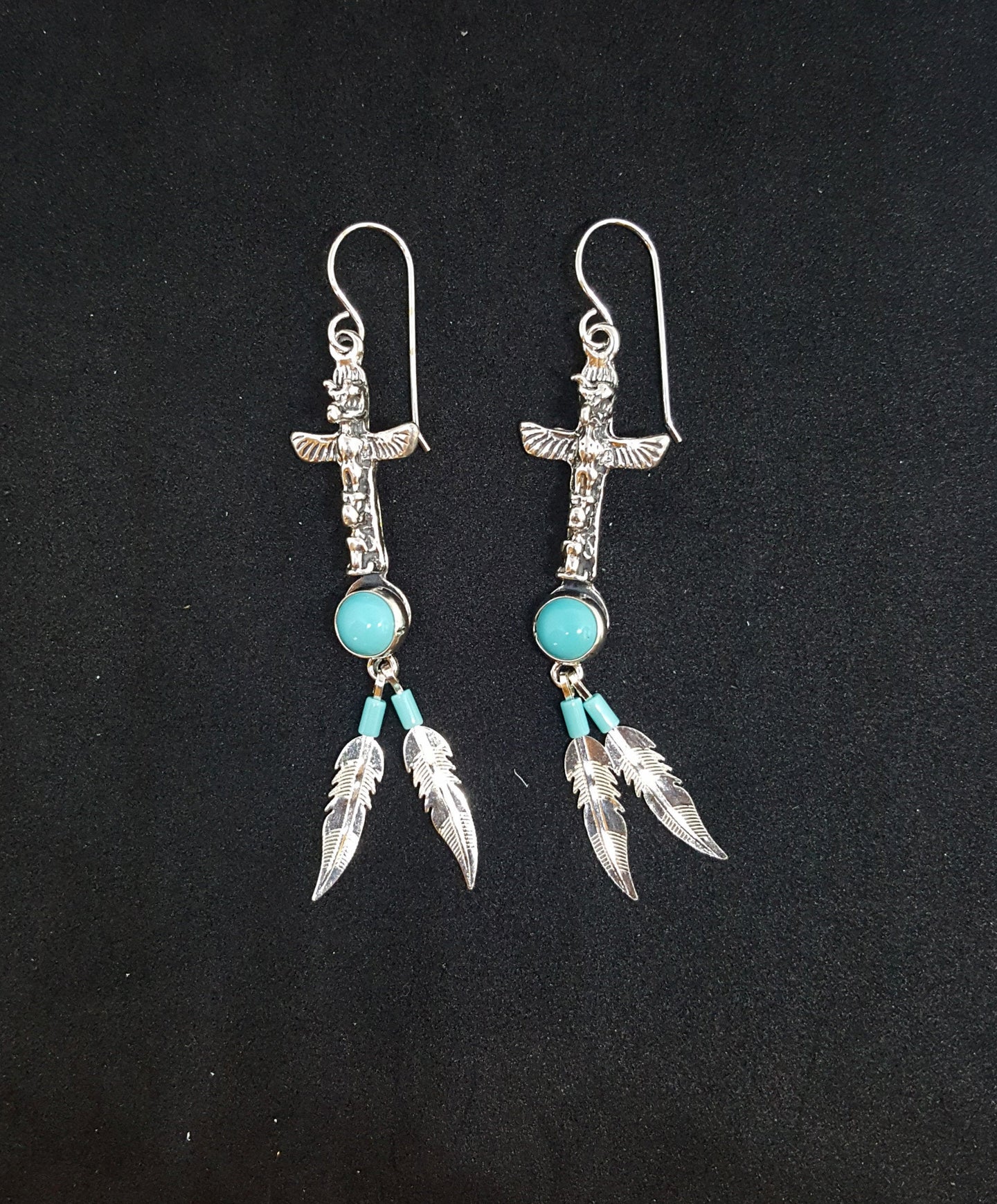 Southwest Native American Kachina Cross Two Feathers Kingman Turquoise sterling silver dangle earrings