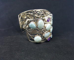Natural Larimar Amethyst Blue Topaz Peridot sterling silver cuff bracelet