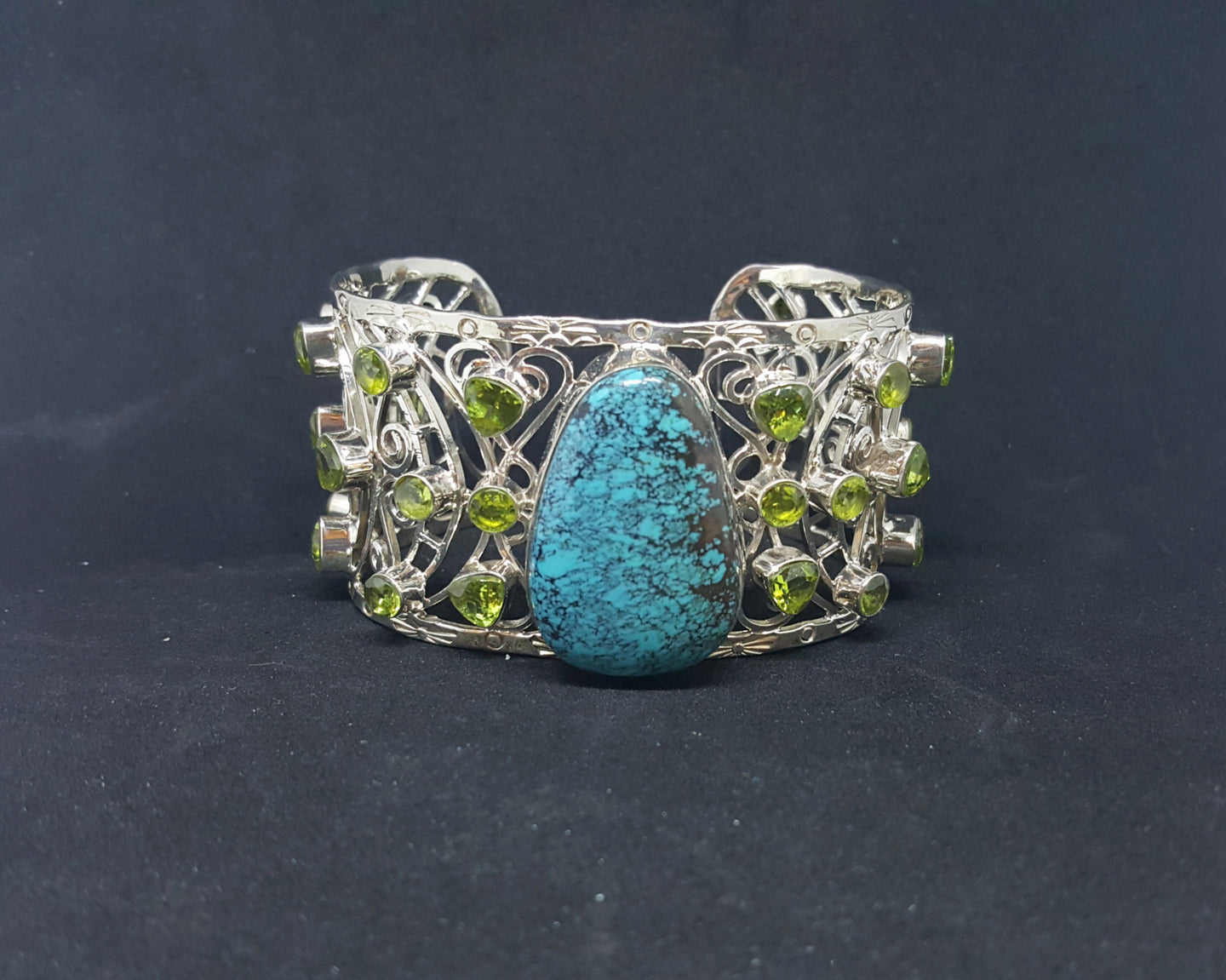 Natural Turquoise Peridot sterling silver Cuff bracelet