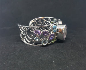 Natural Amethyst Citrine Blue Topaz Peridot sterling silver cuff bracelet