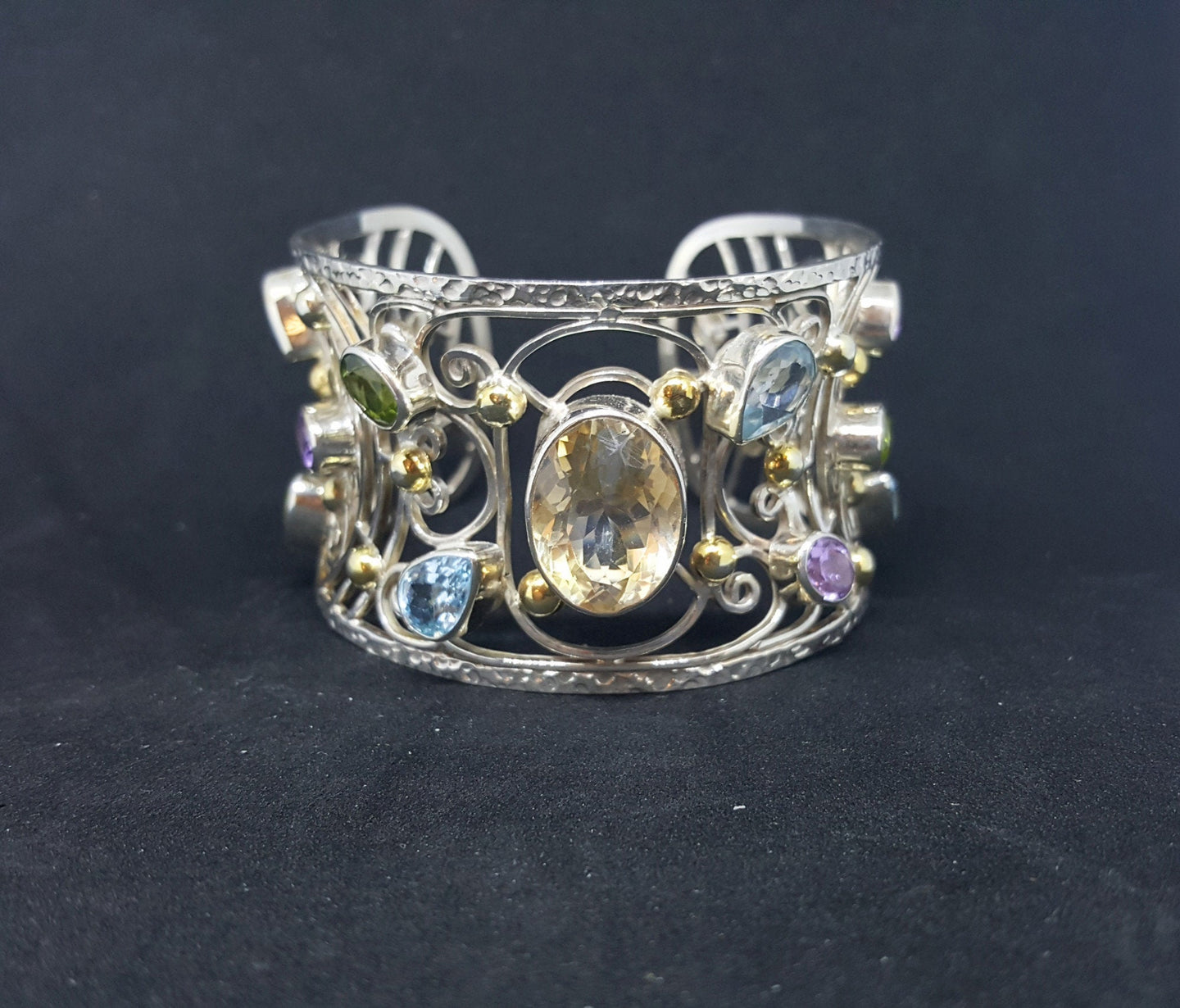 Natural Citrine Blue Topaz Amethyst Peridot sterling silver cuff bracelet