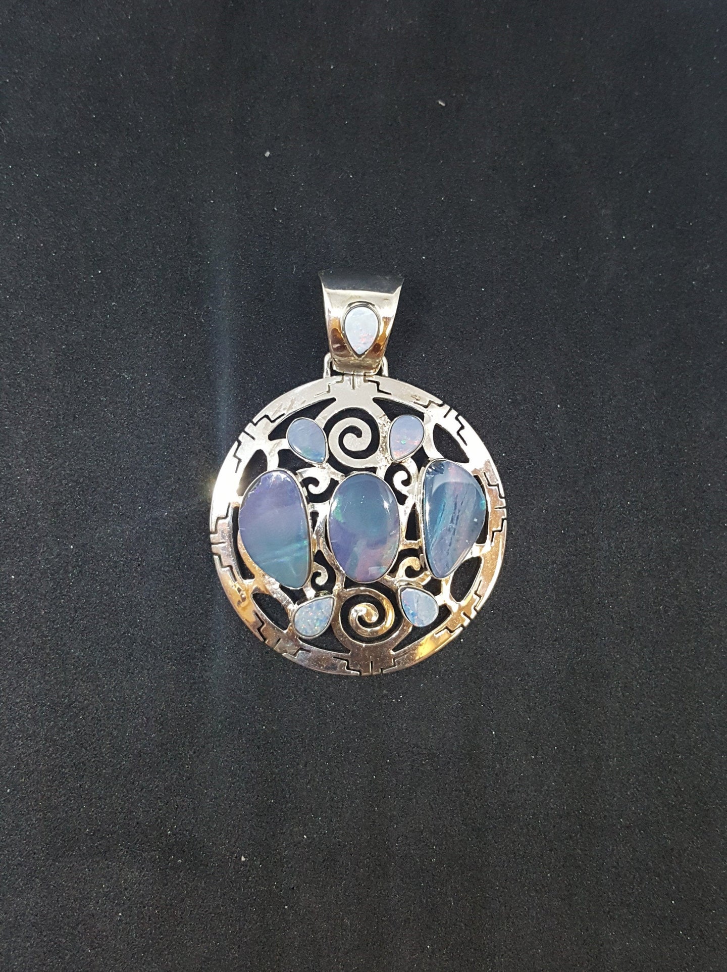 Natural Opal Navajo Design sterling silver Round Pendant