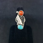 size 7 1/2 - VINTAGE Navajo Curled Feather Kingman Turquoise Red Coral sterling silver ring