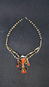 Native American Zuni Eagle Inlay tiger eye coral black onyx shell Sterling silver beaded necklace - VINTAGE