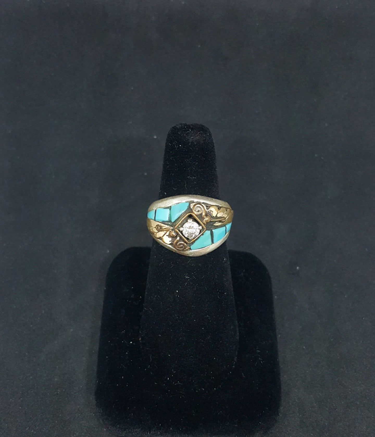 size 8 3/4 Navajo Feather Turquoise with CZ sterling silver ring - VINTAGE - men's ring