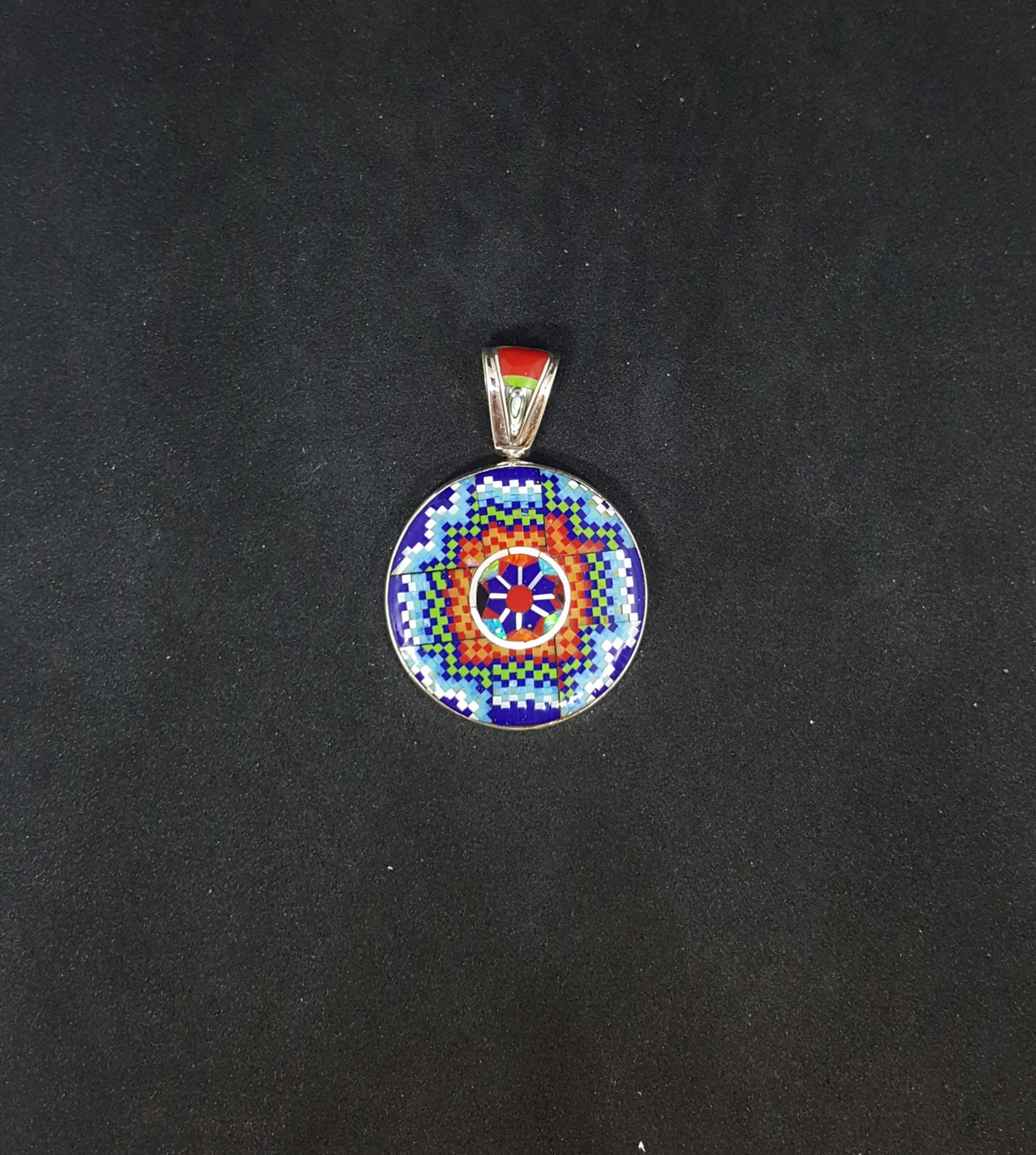 reversible southwest smaller round micro inlay sterling silver round pendant