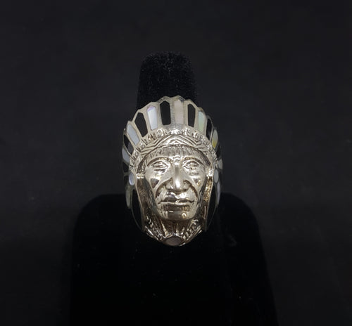 Chief head ring - Onxy and mother of pearl - men's ring size 9
