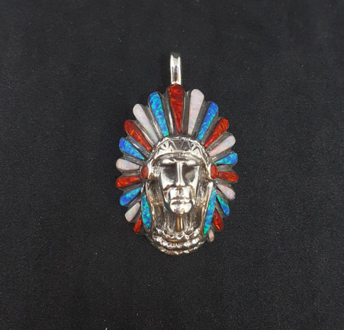 chief head pendant- opal inlay- red opal white fire opal and blue opal