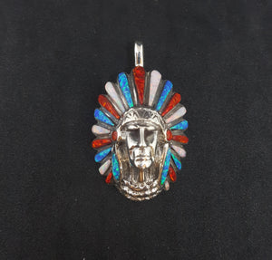 chief head pendant- opal inlay- red opal white fire opal and blue opal