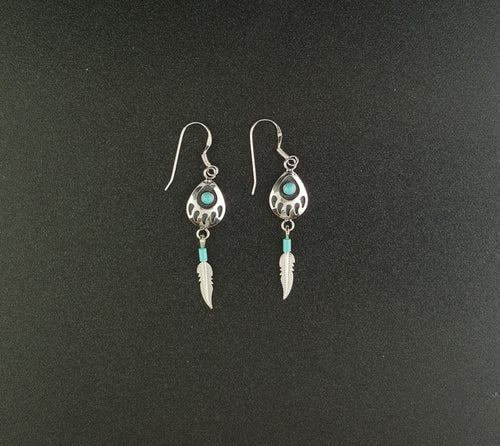 Bear Paw with feather and Kingman turquoise sterling silver dangle earrings