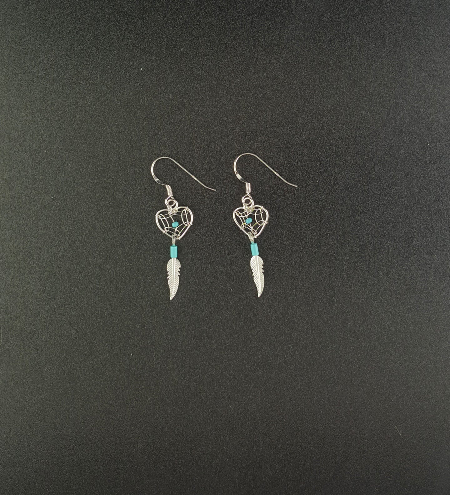 Heart shape dream catcher feather turquoise sterling silver dangle earrings