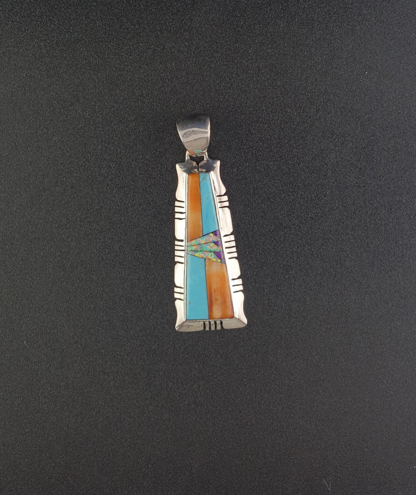 Southwest Inlay turquoise orange spiny oyster white opal sterling silver rectangle pendant
