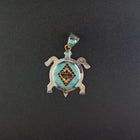 Southwest Turtle Micro Inlay turquoise white opal black onyx orange spiny oyster sterling silver pendant