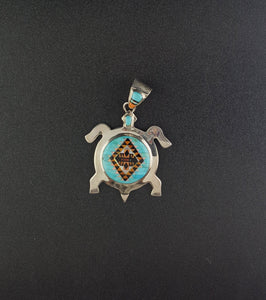 Southwest Turtle Micro Inlay turquoise white opal black onyx orange spiny oyster sterling silver pendant