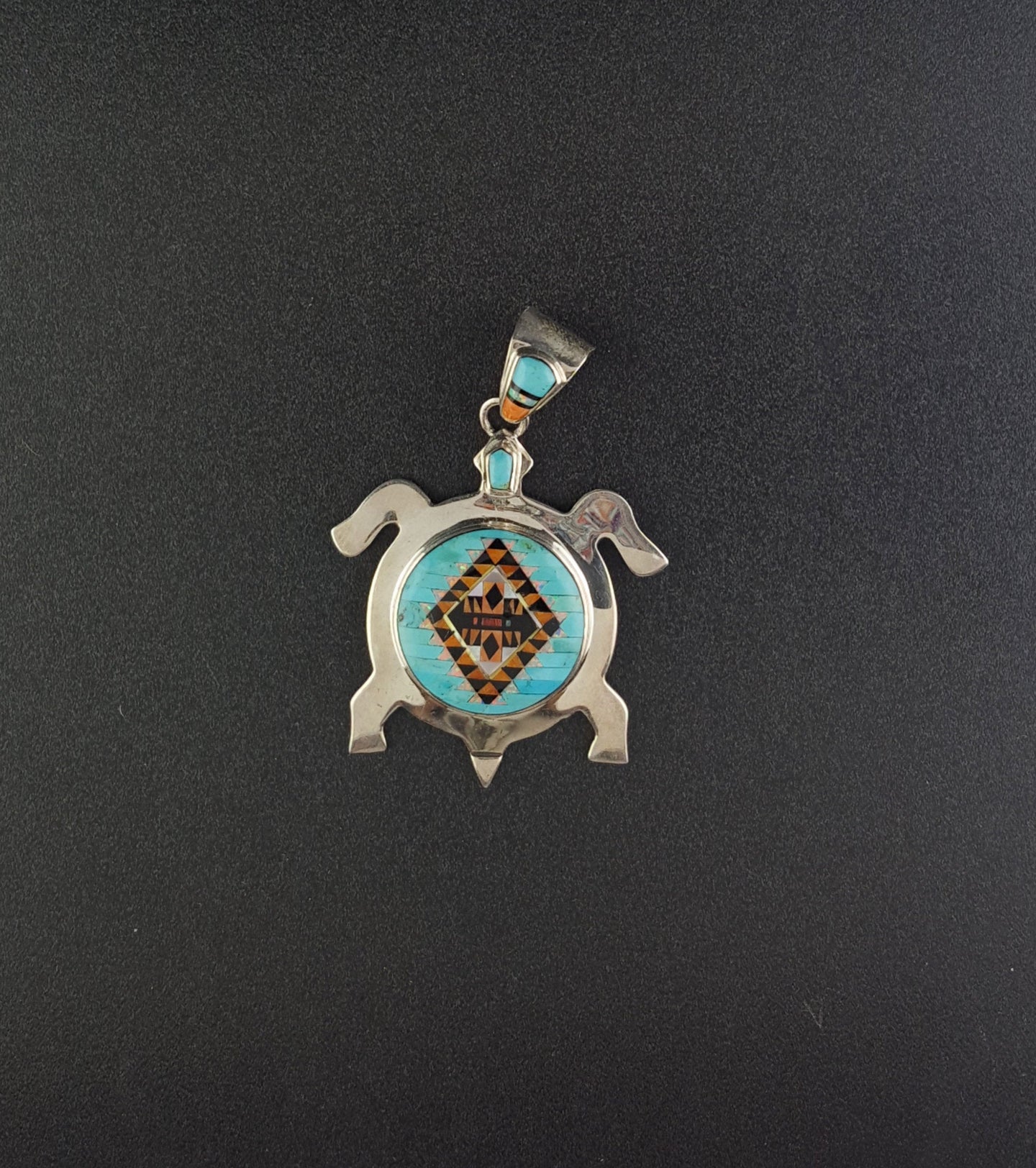 Southwest Turtle Micro Inlay turquoise white opal black onyx orange spiny oyster sterling silver pendant