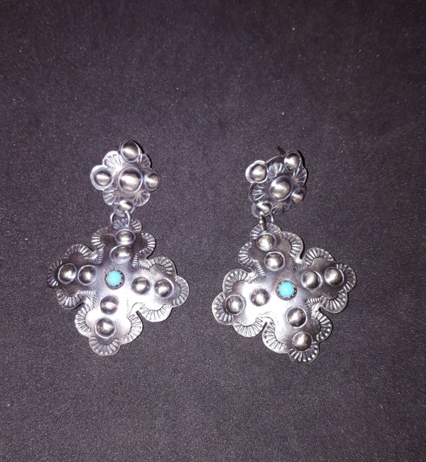 Navajo Stamped Earring with Kingman Turquoise - Vintage Finish