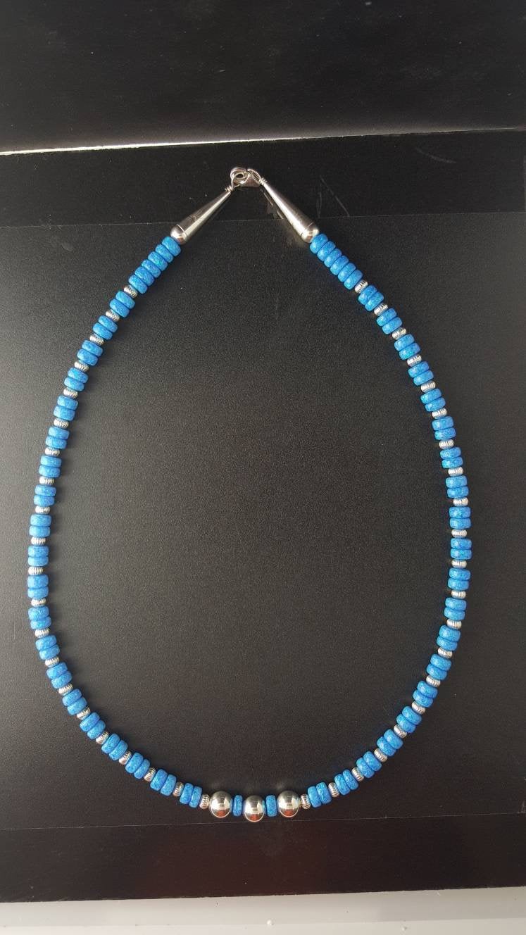 Blue fire opal Sterling silver necklace with silver beads - 20 inches