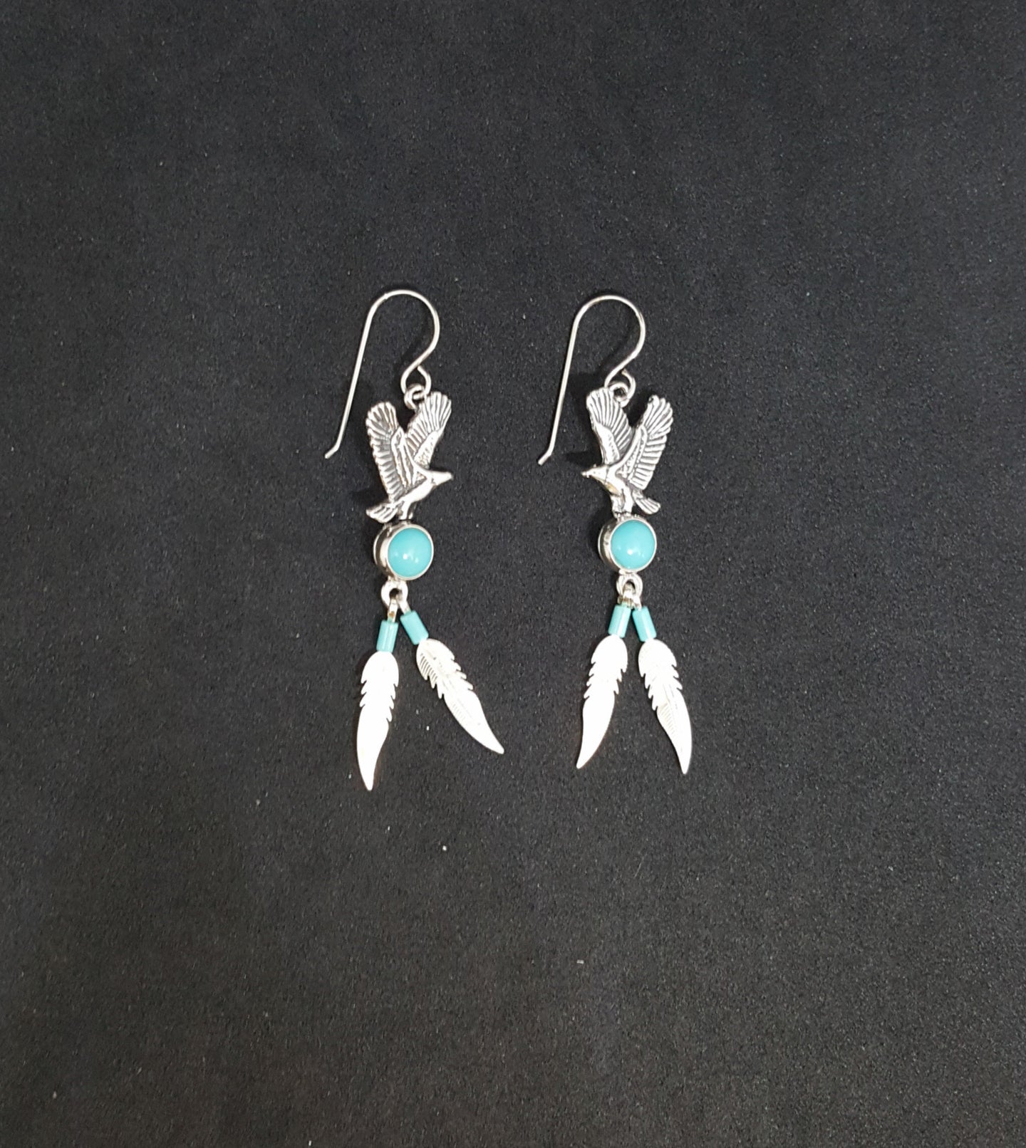 Southwest Flying Eagle Two Feathers 6mm Kingman Turquoise sterling silver dangle earrings