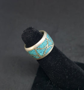 size 6 1/4 VINTAGE Micro Chip Inlay  Turquoise sterling silver ring