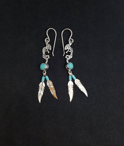 Southwest Kokopelli two Feathers Kingman turquoise sterling silver dangle earrings