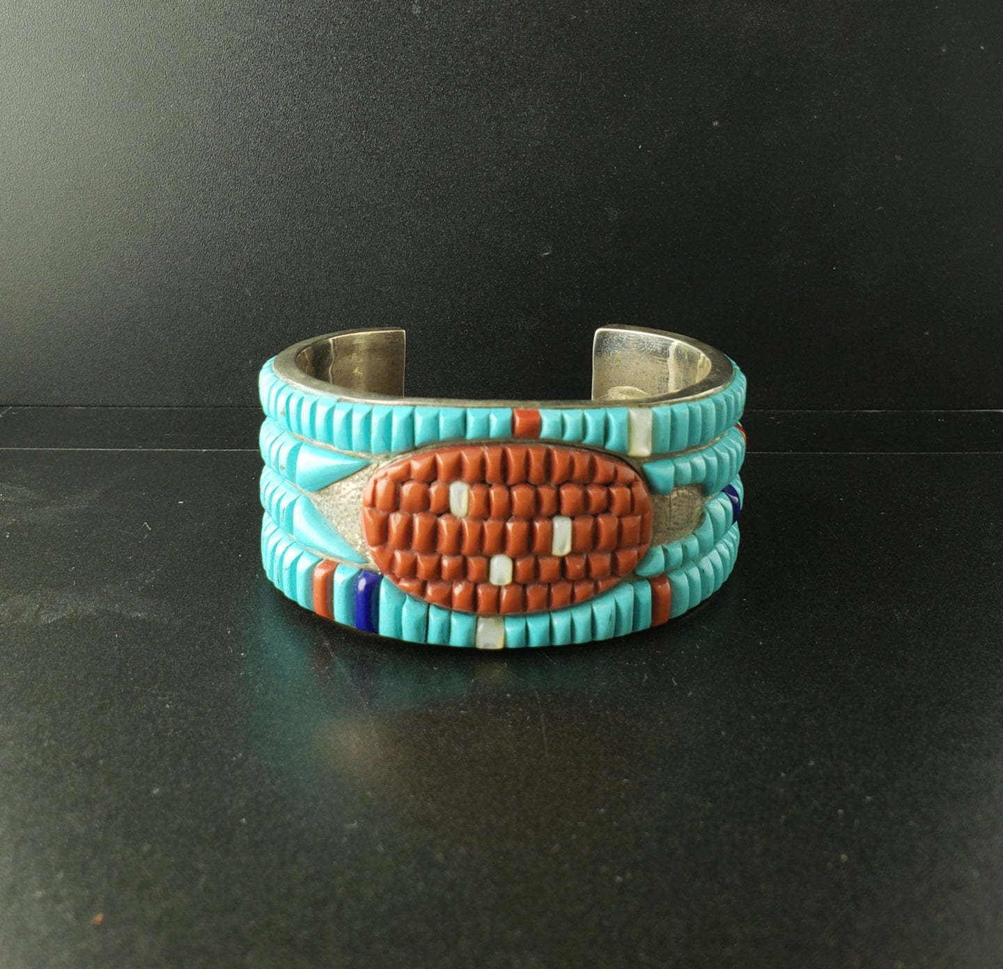 Vintage Turquoise Coral Lapis Pearl Heshi sterling silver cuff bracelet