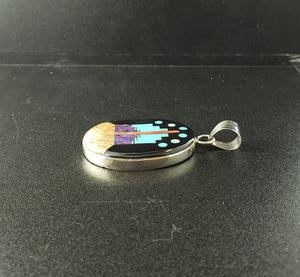 Inlay Turquoise Black Onyx Sandstone Pueblo scence sterling silver oval pendant