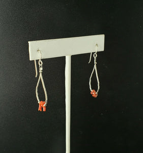 red coral chips liquid silver hoop sterling silver dangle earrings