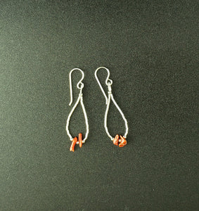 red coral chips liquid silver hoop sterling silver dangle earrings